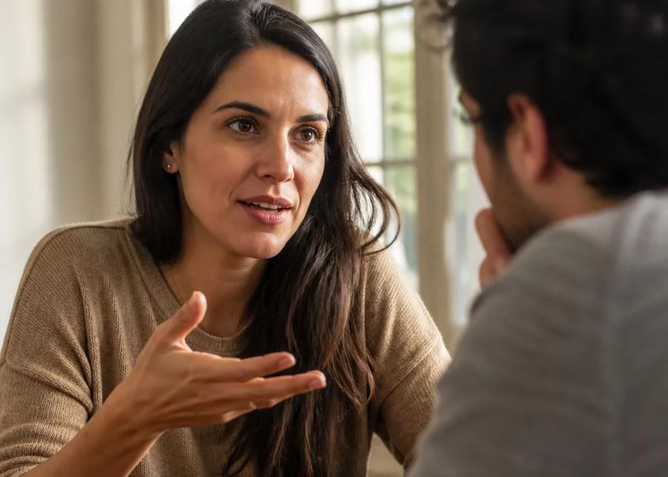 Duas pessoas frente a frente na mesa: uma sustenta a fala, a outra anota o que ouviu
