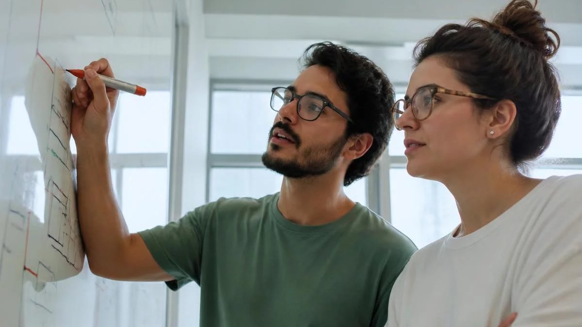 Duas participantes de pé diante do quadro branco, montando um argumento a caneta